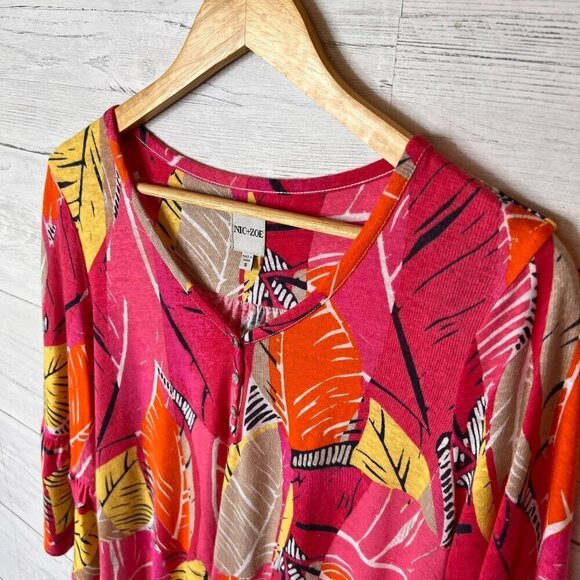 Nic + Zoe Top Womens Size Small Colorful Linen Blend Henley Foliage Bell Sleeve - Picture 8 of 15